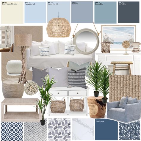 Monochrome Coastal Interior, Hamptons Decor Coastal Style, Beach Hamptons Interior Design, Hamptons Design Interiors, Costal Hampton Style, Luxury Costal Interior, Grey And Blue Coastal Bedroom, Hampton Style Interior Design, Coastal Mood Board Color Schemes