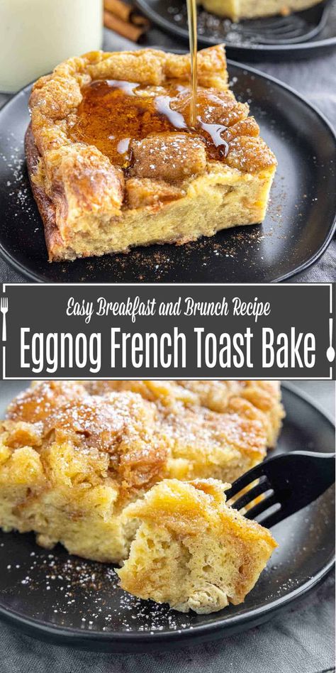 Eggnog French toast bake is a perfect holiday breakfast or brunch. This easy make ahead breakfast casserole feeds a crowd with minimal effort. French toast casserole is so easy to make. You whisk the eggs and cream together and pour them over your bread and let it sit overnight in the refrigerator. In the morning you bake the french toast into a delicious eggnog flavored breakfast casserole that is perfect for feeding a crowd. Eggnog Breakfast, Eggnog French Toast Bake, Eggnog French Toast Casserole, Make Ahead French Toast, Easy Eggnog, Cake Courgette, Eggnog French Toast, French Toast Bake Recipe, Bourbon Glaze