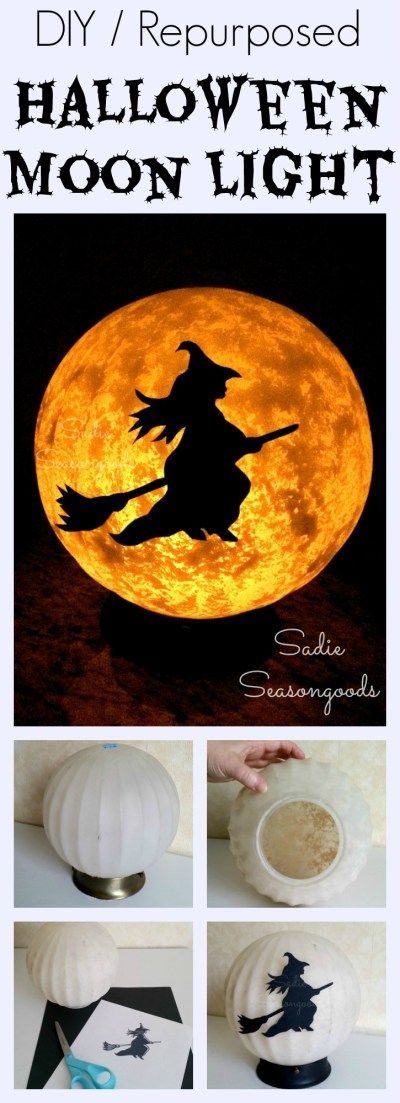 An outdated, vintage ceiling light fixture glass globe is easy to repurpose / upcycle into the coolest Halloween project around: A spooky, eerie DIY Halloween Moon complete with a flying witch on her broomstick! Scare your neighbors and trick-or-treaters with this awesome DIY craft project by #SadieSeasongoods / www.sadieseasongoods.com Vintage Ceiling Light, Samhain Halloween, Vintage Ceiling, Witch Diy, Flying Witch, Halloween Moon, Vintage Light Fixtures, Witch Decor, Halloween Decorations Indoor