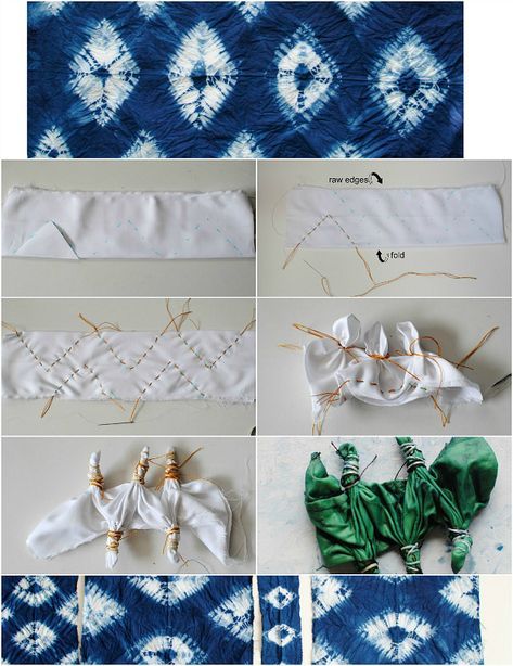 Trash To Couture: DIY: Nui Shibori with Indigo Fabric Folds, Shibori Diy, Diy Tie Dye Techniques, Diy Tie Dye Designs, Tie Dye Patterns Diy, Fabric Dyeing Techniques, Diy Tie Dye Shirts, Diy Dye, Dyeing Fabric