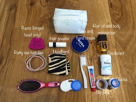 This micro toiletries kit is designed for ultralight travel. The toothbrush was cut down to fit in the mini bag. A small container of Dr.Bronner’s can be added to use for hair and body wash if soap is not expected at your accomodation. Brush attaches to outside of bag with hair ties. The deodrant could be sized down into a lip balm tube, and there is still plenty of spce for tweezers and a nail file for longer trips. Perfect size for carry on only travel! Travel Wash Bag, Small Toiletry Bag, Minimalist Toiletries, Toiletry Bag Essentials, Mini Toiletries, Vaction Outfits, Ultralight Travel, Carry On Toiletries, Mini Travel Bag