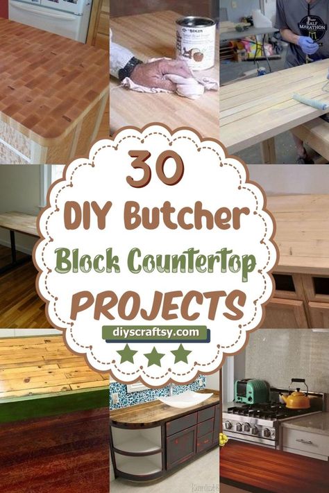 DIY Butcher Block Countertop 2x4 Butcher Block Diy, Butcher Block Countertop Trim, Diy Butcher Block Countertops Cheap, Leftover Butcher Block Ideas, Backsplash With Butcher Block Counters, Butcher Block Diy, Diy Butcher Block Counter, Homemade Kitchen Island, Diy Butcher Block Countertops