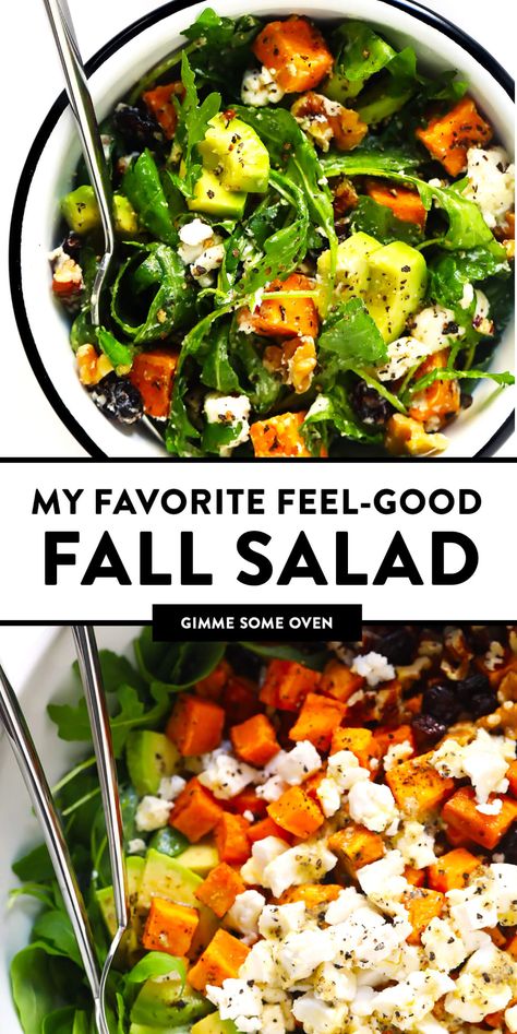 LOVE this Feel-Good Fall Salad! It's made with roasted sweet potato, avocado, arugula, goat cheese, nuts, dried cranberries, and tossed with a simple lemon dressing. It's the perfect healthy autumn dinner recipe, and always so delicious. | Gimme Some Oven #salad #healthy #glutenfree #fall #autumn #avocado #sweetpotato #dinner #dressing #recipe Autumn Salad Recipes, Fall Salad, Roasted Sweet Potato, One Pot Dinners, Salad Pasta, Autumn Salad, Fall Dinner Recipes, God Mat, Fall Dinner