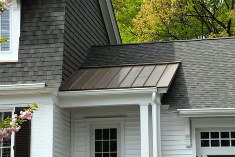 Metal Accent Roof Porch, Burnished Slate Metal Roof, Metal Mansard Roof, Stone Coated Metal Roofing, Erie Metal Roof, Stone Coated Steel Roof, Front Door Awning, Traditional Exterior Homes, Vinyl House