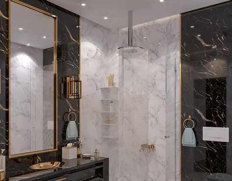 Black Marble Bathroom, Bathroom Interior Design Luxury, Simple Bathroom Designs, White Marble Bathrooms, Bathroom Design Black, White Bathroom Tiles, Bathroom Decor Luxury, Washroom Design, Bathroom Design Decor