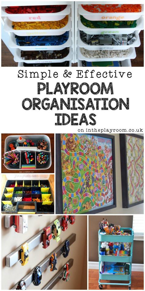 Simple & effective playroom organisation ideas. Great ways to manage toys and declutter your kids rooms Ultimate Playroom, Organized Playroom, Playroom Organisation, Playroom Organization Ideas, Diy Playroom, Baby Playroom, Basement Playroom, Organisation Ideas, Boys Playroom