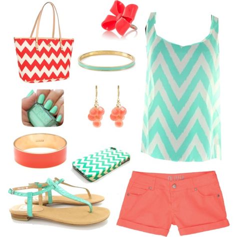 "Chevron" by zepc-squared on Polyvore Longer Shorts, Chevron Outfit, Coral Outfit, Jewelry Bar, Mint Coral, Gray Walls, Mint Color, Chevron Print, Color Combo