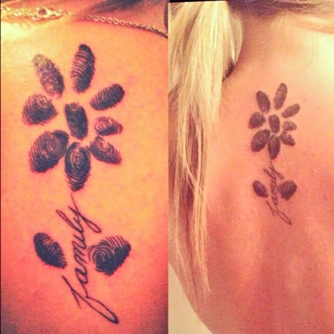 My new tat :) All my siblings fingerprints for the petals with my parents as the leaves<3 #tattoo #family Thumbprint Tattoo, Fingerprint Tattoo, Fingerprint Heart Tattoos, Matching Family Tattoos, Fingerprint Tattoos, Flower Tattoo Ideas, Sibling Tattoos, Family Tattoo, Finger Print