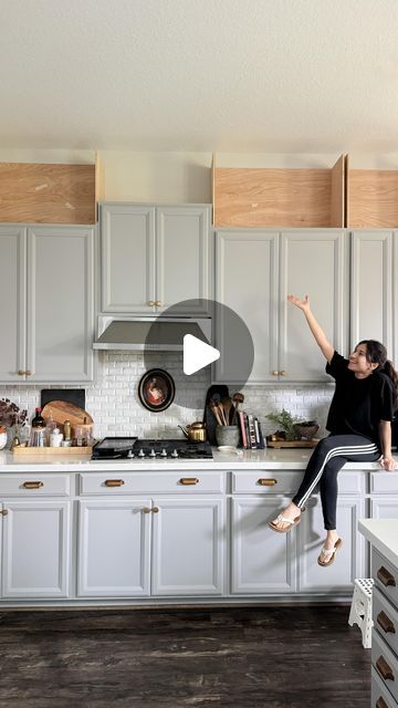 Fariha Nasir (Fa-ree-ha) on Instagram: "Extending my builder grade kitchen cabinets to the ceiling part 1 ✨ not all kitchens need cabinets all the way up to the ceiling but when all you have is a few feet left, it’s best to fill them up with cabinets and more trim 😍 I’ll share all the details in a blog post so you can follow along!  . Now the question is: should I attempt making my own cabinet doors or should I just order custom doors online? 👀 . . . . . . . . #kitchencabinets #diykitchen #kitchenrenovation #kitchenremodel" Fill Above Kitchen Cabinets, Kitchen Ideas Top Of Cabinets, Top To Bottom Kitchen Cabinets, Moving Kitchen Cabinets To Ceiling, Kitchen Tile To Ceiling Above Cabinets, Kitchen Above Cabinet Storage, Flushed Kitchen Cabinets, Fill In Above Kitchen Cabinets, Panels Above Kitchen Cabinets