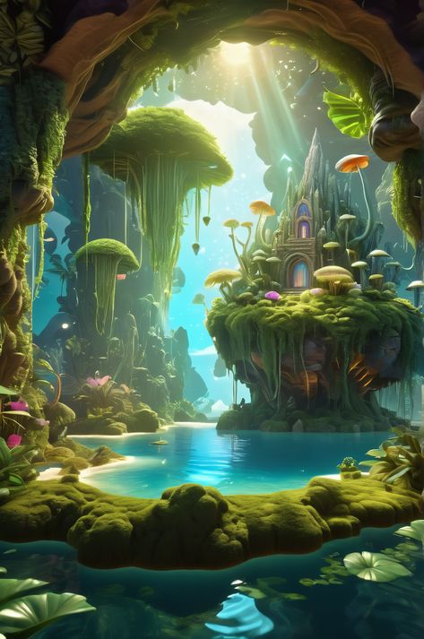 Explore a breathtaking 3D world of surreal floating islands, fantastical plants, and whimsical creatures in ultra HD quality. #surreal #fantasy #3Dart Utopian Art, Dreamy Lighting, Fairy Island, World Of Pure Imagination, College Wallpaper, Art Coloring Pages, Triangle Art, Floating Island, Pure Imagination