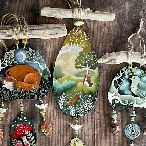 Amanda Clark on Instagram: "Hi friends. The new porcelain wall hangings are now ready and in my Etsy shop. Each one is unique and hand painted with handmade beads. They go quickly so grab yourself one before they go. 🌿. The link to my Etsy shop in under the linktree in my profile. EarthAngelsArts. #porcelainart #uniquegifts #wallhangings #handpaintedgifts #animalart #arttocollect #ceramicart #oneofakind #handmadebeads" Popular Crafts For 2024, Amanda Clark Art, Painted Gift Ideas, Hanging Mobile Art, Amanda Clark, Recycled Art Projects, Wood Slice Art, Air Dry Clay Projects, Popular Crafts