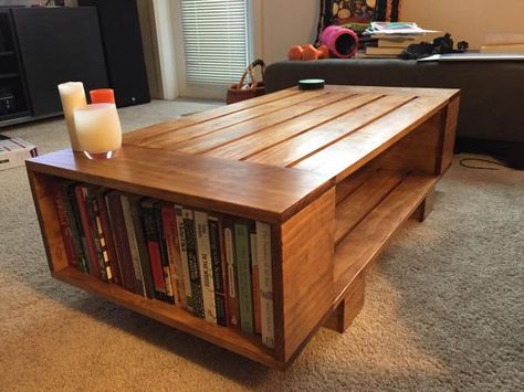 DIY Slat Coffee Table with Incorporated Book Shelves Coffee Table Made From Pallets, Slat Coffee Table, White Storage Bench, Creative Coffee Table, Coffee Table Bookshelf, Coffee Table Makeover, Table Bookshelf, Diy Storage Rack, Woodworking Projects Furniture