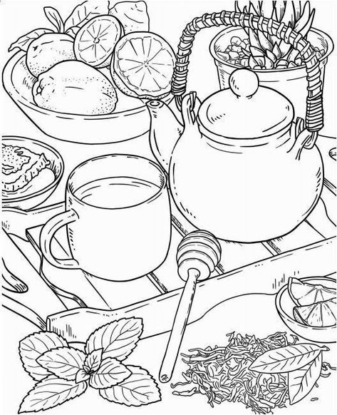 Bookstore Coloring Pages, Printable Coloring Pages For Adults Simple, Cottagecore Coloring Pages, Aesthetic Colouring Pages, Coloring Sheets Aesthetic, Color Book Pages, Floral Coloring Pages, Pencil Sketchbook, Food Coloring Pages