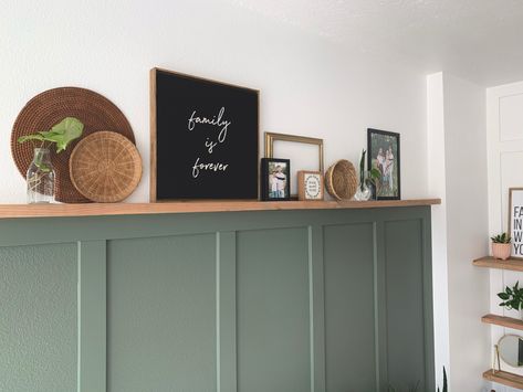 Board and batten accent wall topped with 2 x 4 shelf using kreg jig to be able to secure into studs. Basket decor. Green painted wall. Greenish gray by valspar VR105A. 2x4 Wall, Board And Batten Accent Wall, Batten Accent Wall, Accent Wall Entryway, Ledge Decor, Green Painted Walls, Board And Batten Wall, Accent Wall Paint, Basket Decor