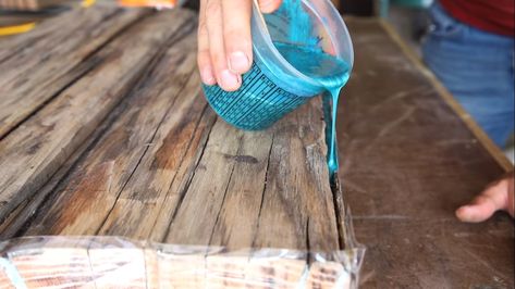 Behind the Design: Making a Farmhouse Table from Reclaimed Barn Wood Table With Resin Inlay, Barn Wood Epoxy Table, Wood Tables With Epoxy, Aproxy Wood Table, Table Inlay Ideas, Epoxy Filled Wood Table, Epoxy Farmhouse Table, Epoxy Resin Dining Table Diy, Resin Filled Wood Table