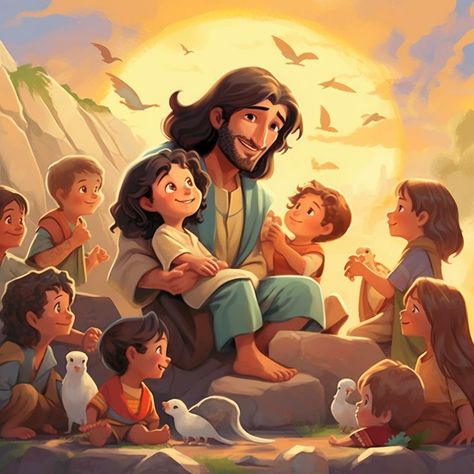 Jesus With Kids Cartoon Jesus With Kids, Anime Jesus, Jesus Christ Illustration, Christian Drawings, Christian Illustration, Jesus Cartoon, Jesus Is Risen, Jesus Drawings, Jesus Loves Us