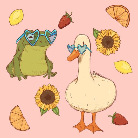 Cottage Core Digital Art, Cute Procreate Art, Duck Digital Art, Summer Vibe Drawings, Cute Cottagecore Art, Summer Animals Drawing, Cottagecore Digital Art, Duck And Frog Drawing, Cottagecore Frog Drawing