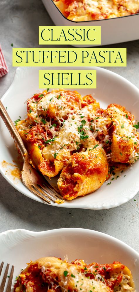 In the mood for some seriously good comfort food? Enter Stuffed Pasta Shells. We’re talking about big pasta shells stuffed with a mouthwatering Italian sausage, ricotta, and mozzarella cheese mixture, and then topped with marinara and MORE cheese. It’s like a warm, cheesy hug for your taste buds, and I can guarantee that it’ll be your new favorite dinner. Half Baked Harvest Stuffed Shells, Lasagna Stuffed Pasta Shells, Ground Sausage Stuffed Shells, Stuffed Big Shell Pasta, Big Shells Pasta Recipes, Sausage And Ricotta Stuffed Shells, Sausage And Cheese Stuffed Shells, Pizza Stuffed Shells, Big Pasta Shells Stuffed