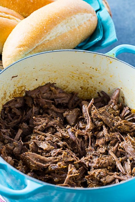 Roast Beef Debris Po Boy Roast Beef Poboys Recipe, Dutch Oven Pulled Beef, Shredded Beef Dutch Oven, Shredded Beef Recipes Oven, Dutch Oven Shredded Beef, Roast Beef Poboys New Orleans, Debris Poboy, Pub Snacks, Shredded Beef Sandwiches