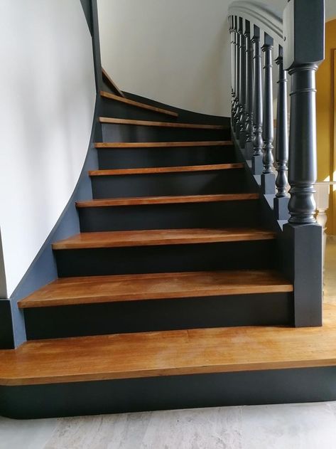 Épinglé par Robert Laplante sur Stairs design | Renovation escalier bois, Escalier bois, Décoration maison Black And Brown Staircase, Black Wall Staircase, Black And Brown Stairs, Staircase Remodel Diy, Painted Stair Risers, Painted Stair Railings, Victorian Stairs, Black Staircase, Carpet Staircase