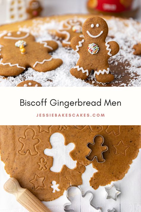 Biscoff Gingerbread House, Biscoff Gingerbread Cookies, Gingerbread Men Recipe, Biscoff Butter, Biscoff Cookie Recipe, Gingerbread Man Recipe, Yule Log Recipe, Easy Christmas Cake Recipe, Cookie Gingerbread