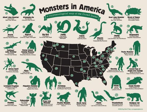 Of course the U.S. is packed with monsters. | 49 Maps That Explain The U.S. For Dumb Foreigners Cryptozoology Museum, Legendary Monsters, The Jersey Devil, Lake Monsters, Strange Beasts, Myths & Monsters, Mythical Monsters, World Mythology, United States Map