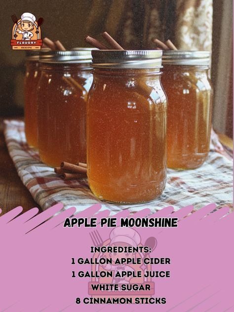 🌙✨ Get ready to elevate your fall vibes with this delicious and easy-to-make Apple Pie Moonshine recipe! 🍏🥧🌙 Apple Pie Moonshine Ingredients: - 1 gallon apple cider - 1 gallon apple juice - 3 cups white sugar - 8 cinnamon sticks - 1 liter 190 proof grain alcohol (or high proof vodka) Instructions: 1. In a large stockpot, combine the apple cider, apple juice, sugar, and cinnamon sticks. 2. Bring the mixture to a boil, then reduce heat and simmer for 1 hour. 3. Remove from heat and let it co... Apple Cider Moonshine, Apple Pie Moonshine Recipe, Peach Moonshine, Moonshine Recipe, Apple Pie Moonshine, Moonshine Recipes, Grain Alcohol, Mommy Time, Homemade Apple Pies