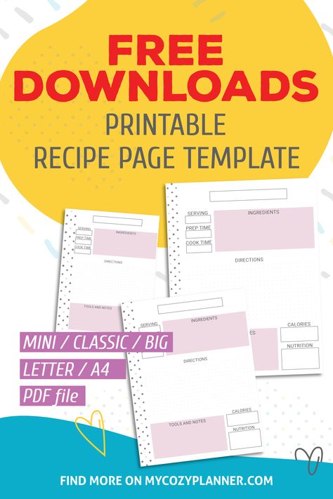 Free Recipe Template, Happy Planner Recipe, Recipe Templates Free, Recipe Book Printables, Printable Recipe Page, Template Free Printable, Digital Recipe Book, Recipe Book Templates, Printable Ideas