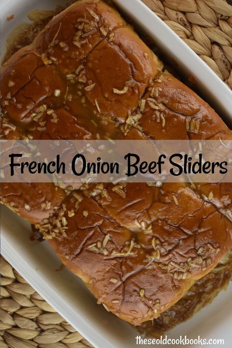 French Onion Sliders Recipe with Hawaiian Rolls - These Old Cookbooks French Onion Sliders, Recipes With Hawaiian Rolls, Sliders Recipes Hawaiian Rolls, Hawaiian Roll Sliders, Old Cookbooks, Soup Appetizers, Beef Sliders, Hawaiian Rolls, Slider Recipes