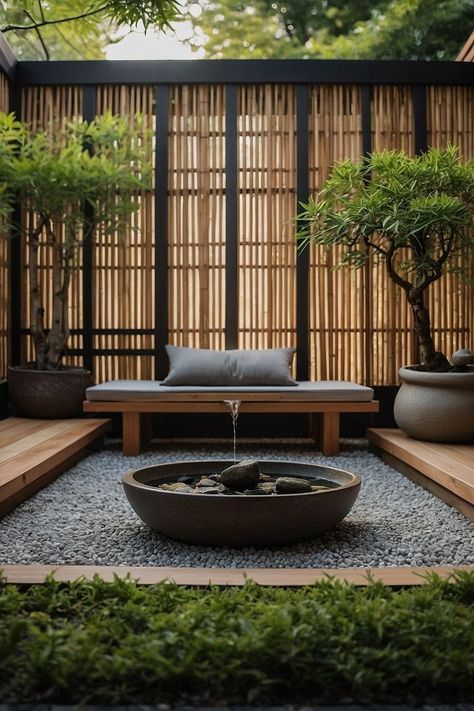 Japandi Patio Furniture, Japanese Deck Design, Japanese Courtyard Garden Small Spaces, Japandi Outdoor Space, Japandi Patio, Japanese Deck, Japanese Patio, Bamboo Bonsai, Japanese Courtyard Garden