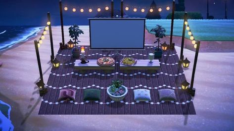 Backyard Ideas Animal Crossing, Acnh Outdoor Aquarium, Acnh Back Beach Ideas, Anch House Idea, Animal Crossing Patio Design Code, Acnh Beach Picnic Ideas, Anch Camping Ideas, Large Space Fillers Animal Crossing, Animal Crossing Summercore