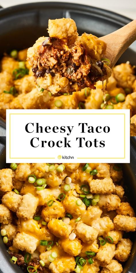 Recipe: Cheesy Taco Crock Tots | Kitchn Tater Tot Taco, Crockpot Side Dishes, Chicken Casserole Dinners, Crock Pot Tacos, Beef Casserole Recipes, Crock Pot Slow Cooker, Tacos Beef, Beef Casserole, Crock Pot Cooking