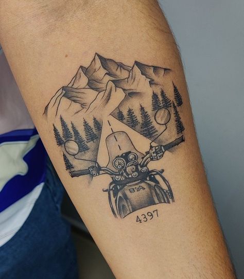 Rider Tattoo For Men, Himalayan Tattoo, Moutain Tattoos, Travel Tattoo Ideas, Bike Tattoo, Wing Tattoo Men, Royal Enfield Himalayan, Hippie Tattoo, Nostalgic 90s