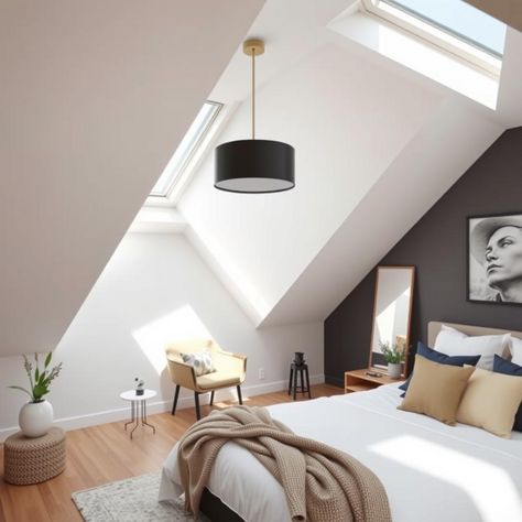 Decorate your attic bedroom with sleek, modern decor and skylights to create a bright, refreshing retreat 🌿 #moderndecor #skylightdreams Bedroom Slanted Ceiling, Room With Slanted Ceiling, Slanted Ceiling, Attic Bedroom, Modern Decor, To Create, Ceiling, Sleek, House Design