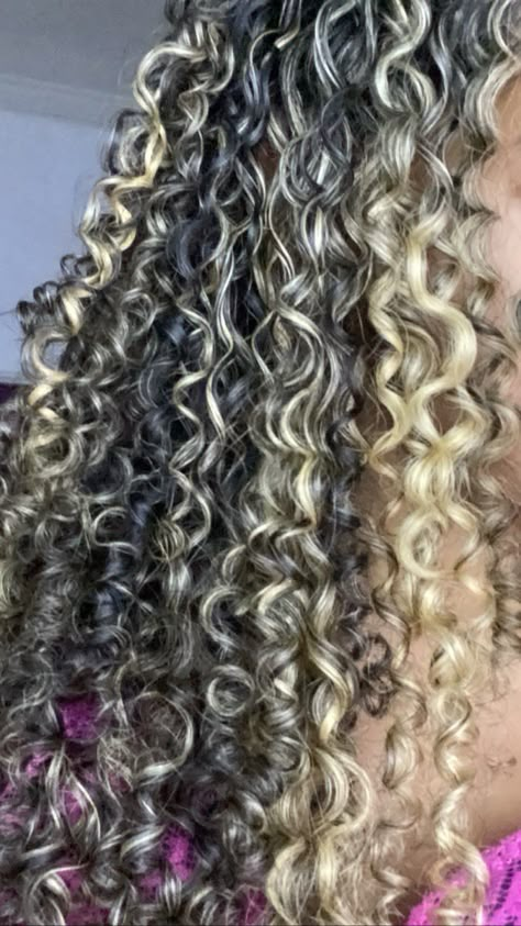 Curly Hair With Blonde Streaks, Oreo Hair, Blonde Highlights Curly Hair, Highlights Curly Hair, Long Shiny Hair, Curly Hair Braids, Blonde Streaks, Colored Curly Hair, Curly Hair Routine