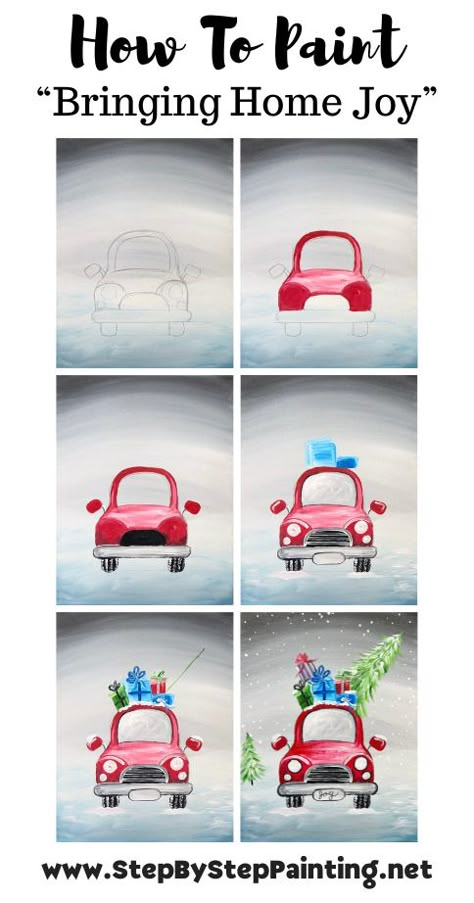 Christmas Car Painting - "Bringing Home Joy" - Acrylic Tutorial Easy Paint Christmas, Cute Christmas Paintings Easy Simple, Christmas Paintings Kids, Christmas Paintings Santa, Step By Step Painting Christmas, Christmas Canvas Paintings Easy, Christmas Art Easy, Christmas Things To Paint, Step By Step Christmas Painting