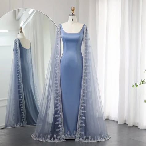 Air Element Dress, Elven Dress Gowns, Long Light Blue Dress, Dresses With Cape Sleeves, Elegant Blue Dress, Blue Gowns, Dubai Evening, Arabic Women, Blue Long Dress