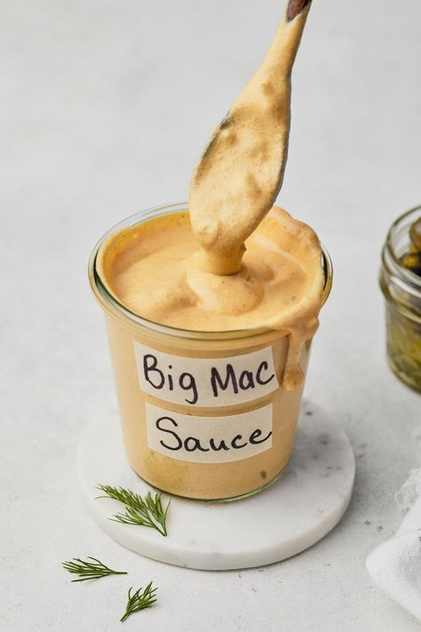 High Protein Big Mac Sauce Recipe (McDonald's Copycat) - Healthy Little Peach Big Mac Sauce With Greek Yogurt, Best Big Mac Sauce Recipe, Weight Watchers Big Mac Sauce, Low Cal Big Mac Sauce, Greek Yogurt Big Mac Sauce, Special Sauce For Burgers Big Mac, High Protein Big Mac Bowl, Big Mac Sauce Healthy, Healthy Big Mac Sauce Greek Yogurt