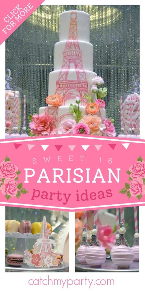 Take a look at this beautiful Parisian Sweet 16 party! Love the birthday cake! See more party ideas and share yours at CatchMyParty.com French Food Party, Parisian Birthday, Parisian Birthday Party, French Party, Paris Cakes, Parisian Party, Sweet 16 Party, Girls Birthday Party Themes, Birthday Party Activities