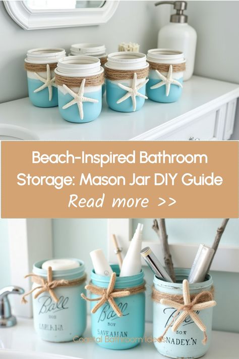 Blue and white painted mason jar organizers with twine accents on bathroom counter Diy Ocean Theme Decor, Beachy Powder Room, Beachy Bathroom Coastal Style, Beach Theme Bathroom Ideas, Bathroom Coastal Style, Diy Driftwood Decor, Bathroom Diy Organization, Diy Organizers, Ocean Themed Bathroom