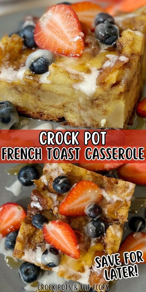 This French Toast Casserole is easy and perfect for the holidays. This sweet treat is topped with a delicious cinnamon crumble. Make this the night before and all you have to do is turn it on in the morning. It's perfect for breakfast, brunch, or a breakfast for dinner meal! Make it today! French Toast In Crock Pot Easy Recipes, 9x13 Crockpot Breakfast Casserole, Thanksgiving Breakfast Crockpot, Easy Breakfast In Bed Ideas, Breakfast Crockpot Ideas, Crockpot Breakfast Recipes For A Crowd, Crockpot Pancake Casserole, Mountain Man Crock Pot Breakfast, Breakfast Potluck Ideas For Work Crockpot