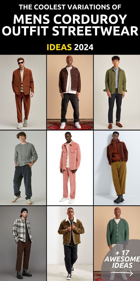 Elevate your streetwear game in 2024 with our guide to the top mens corduroy streetwear trends. Explore 17 stylish outfits and fashion tips designed to inspire your wardrobe. From classic corduroy pants to chic brown ensembles, our curated collection has something for every style preference. Whether you're going for a casual look or dressing up for a special occasion, our corduroy outfits are sure to turn heads. How To Style Corduroy Pants Men, Corduroy Outfit Men, Corduroy Pants Outfit Mens, Brown Pants Outfit Men, Men Flannel Outfits, Corduroy Outfits, Brown Pants Outfit, Corduroy Pants Outfit, Masculine Outfits