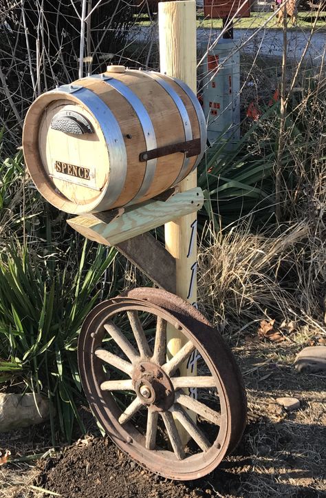 Whiskey barrel mailbox Farm Style Mailboxes, Unique Mailbox Ideas, Hobbit Decor, Mailbox Holder, Farmhouse Mailboxes, Unique Mailbox, Mailbox Art, Country Mailbox, Mailbox Decorations