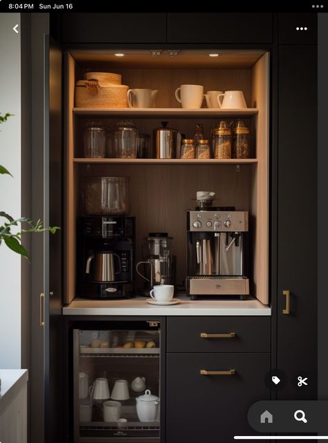 Coffee Station Built In Cabinet, Coffee Zone Kitchens, Coffee Machine Station Kitchens, Coffee And Toaster Station, Breakfast Cupboard Coffee Stations, Coffee Bar Design Home Kitchen, Hotel Room Coffee Station, Home Beverage Station, Coffee Bar In Home