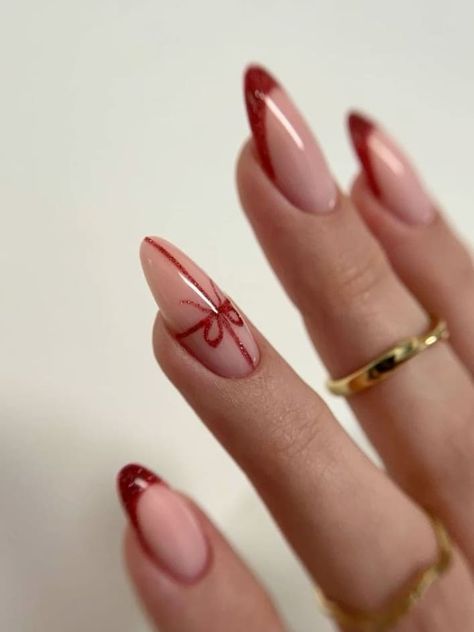 22 Trendy Red French Tip Nails to Keep Your Winter Look Fresh | Everygirl Edit Red Winter Nails Almond, Red Christmas Nail Designs 2024, Christmas Nails Red Almond, Christmas Almond Nails Ideas, Cute Nail Ideas For Fall, Christmas Nails Minimalist, Subtle Winter Nails, Cutest Nail Designs, Almond Nails Winter