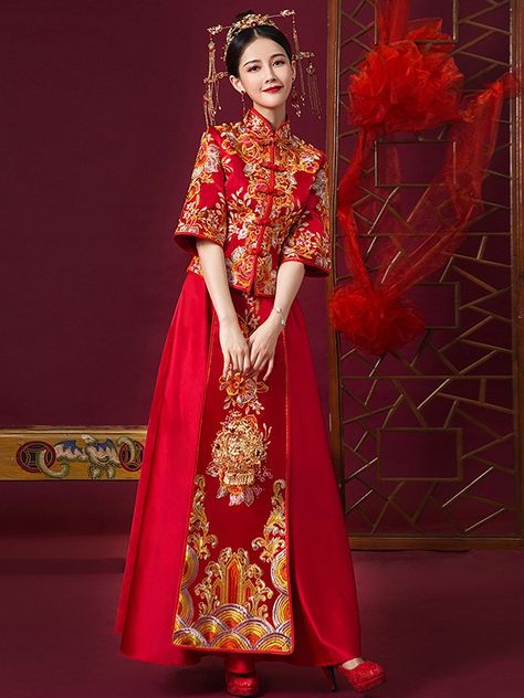 Qun Kwa Wedding Dresses, Qun Kwa, Cheongsam Wedding, Chinese Wedding Decor, Chinese Traditional Dress, Chinese Wedding Dress, Chinese Style Dress, Chinese Traditional Clothing, Traditional Chinese Dress