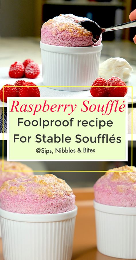 Extremely stable and easy, my recipe for Raspberry Soufflés is foolproof and is just as delicious as it looks. This is a very flexible recipe and works with a variety of fruits and berries #soufflé #dessert #pastry #baking #raspberrydessert #sweetsoufflé #easyrecipe # Easy Souffle Recipes, Soufflé Dessert, Vanilla Souffle Recipes, Iron Chef Recipes, Raspberry Souffle, Chocolate Raspberry Souffle, Dessert Souffle, Sweets Healthy, Souffle Recipe