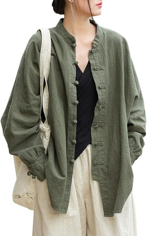 Aeneontrue Women's Linen Oversized Blouses Vintage Long Sleeve Jackets Loose fit Chinese Frog Shirts Green at Amazon Women’s Clothing store Cheongsam Shirt, Chinese Button, Stand Collar Blouse, Blouses Vintage, Linen Cardigan, Collar Cardigan, Oversized Blouse, Fall Fabric, Comfortable Room