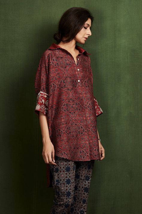 Shop for these amazing collections of Maroon Raw Silk Ajrakh Print Shirt For Women by Sue Mue online at Aza Fashions. Linen Style Fashion, Embroidered Cuffs, Print Shirts Women, Silk Kurti, Silk Suit, Indian Designer Outfits, Indian Outfit, Kurta Designs, Indian Designer Wear