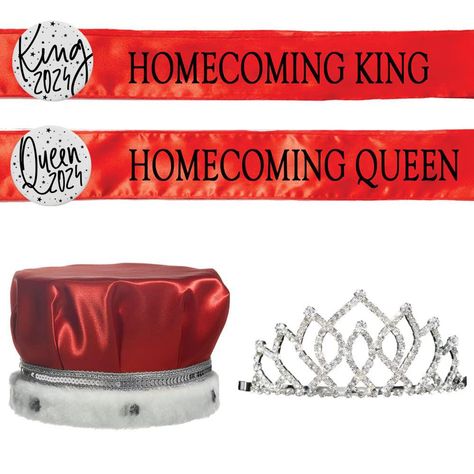 PRICES MAY VARY. The complete Set includes (1) rhinestone-studded Armande Tiara, (1) 6 ½" high Red Satin Crown with silver sequins and spotted white faux fur trim, (1) 72" long x 3" wide high-quality Red Satin Homecoming King Sash with black print, (1) and 72" long x 3" wide high-quality Red Satin Homecoming Queen Sash with black print, and 3" White King and Queen 2024 Keepsake Buttons with black print The elegant Armande Tiara features a silver metal band and two side combs that can be removed Homecoming King, High School Homecoming, Homecoming Court, High School Dance, Homecoming Queen, Red Crown, White King, School Dance, School Dances